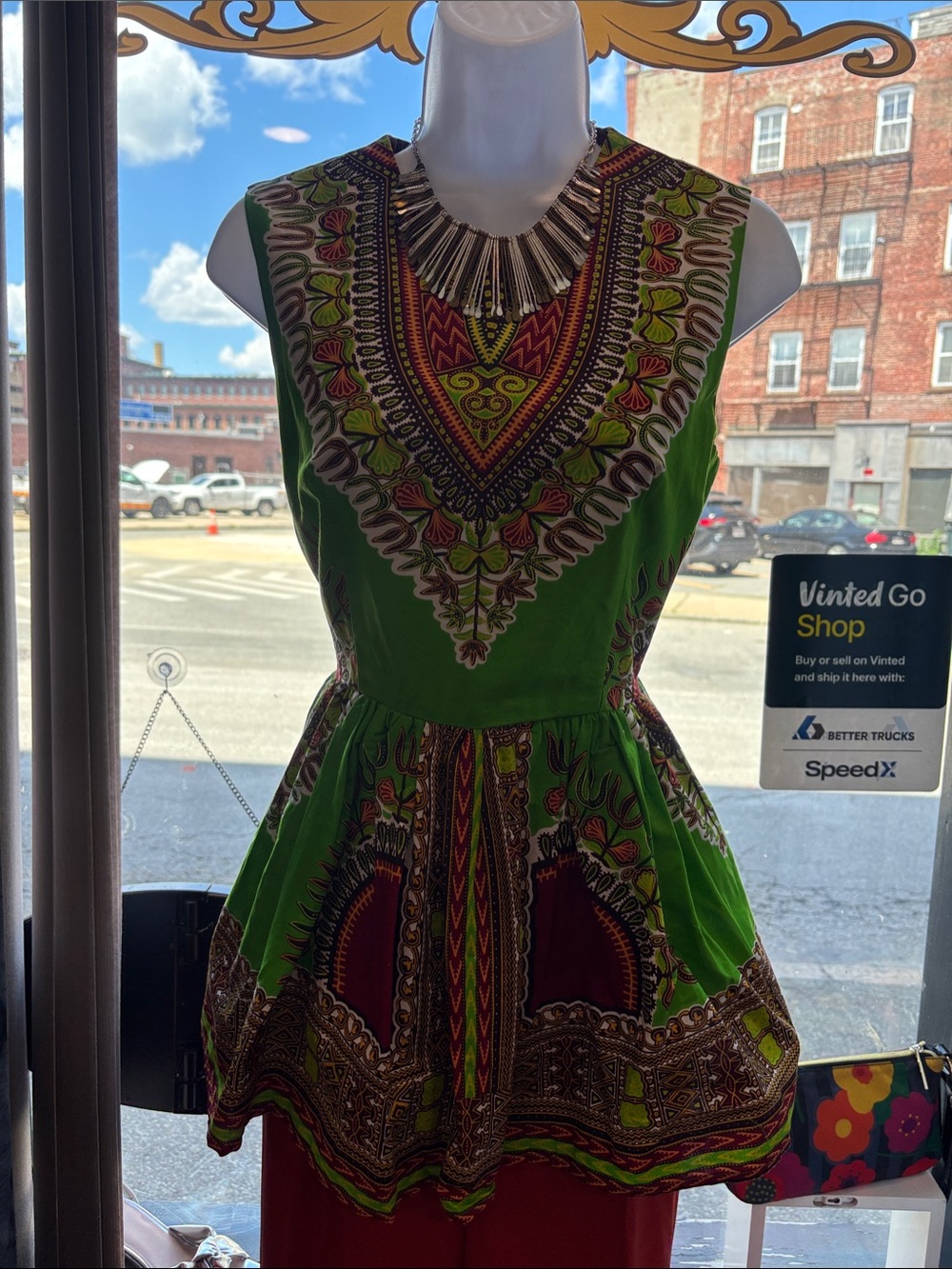 Green African Print Sleeveless Mini Dress with Tribal Pattern